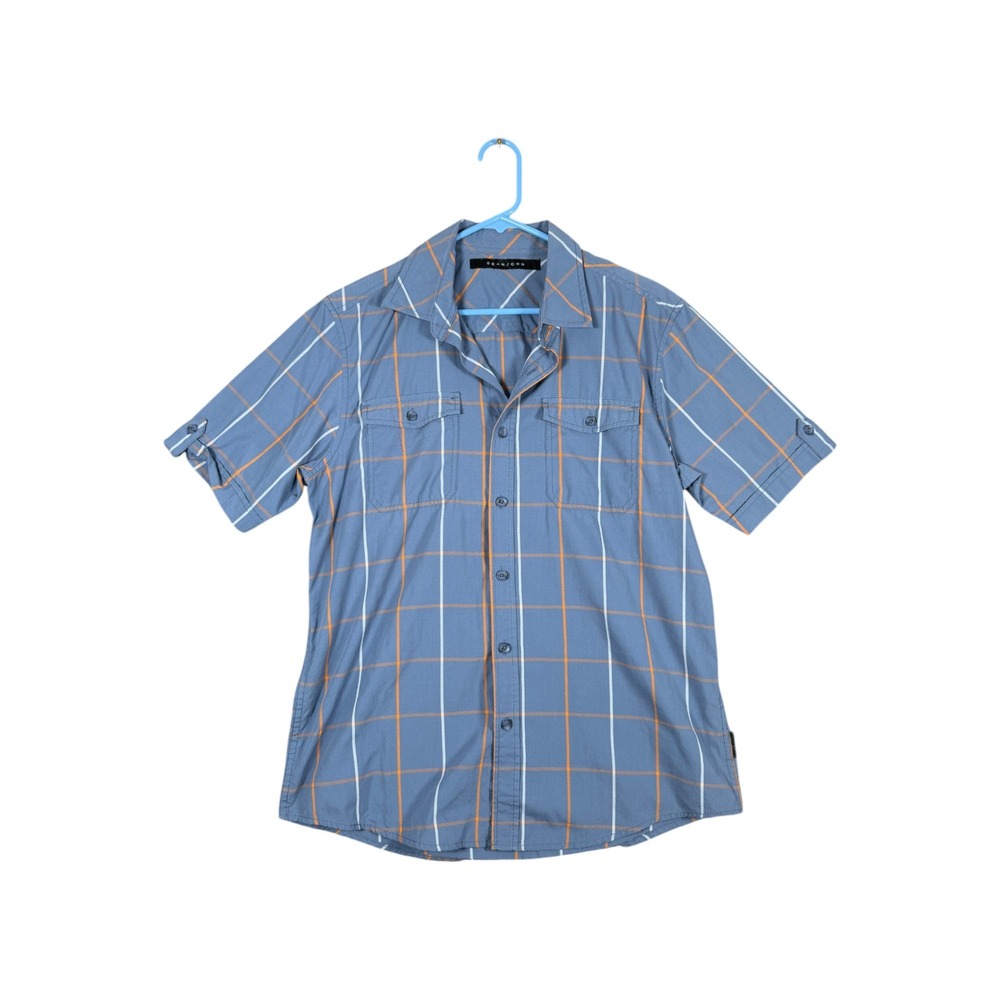 Sean John Mens Blue Orange Windowpane Plaid Short Sleeve Button Down Shirt M